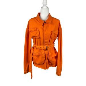 PrettyLittleThing Denim Utility Orange Long Sleeve Belted Button Jacket 4